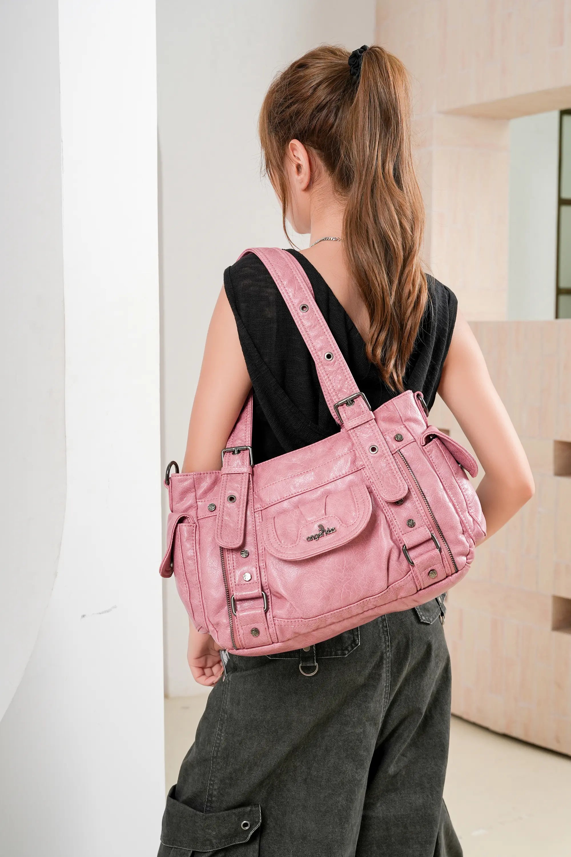 Textured Multi-Pocket Shoulder Bag for Y2K Outfits and Daily
